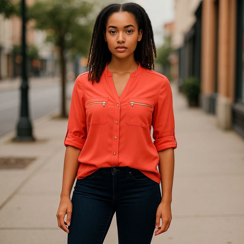 Calvin Klein Collection Orange Buttoned Mandarin Collar Blouse